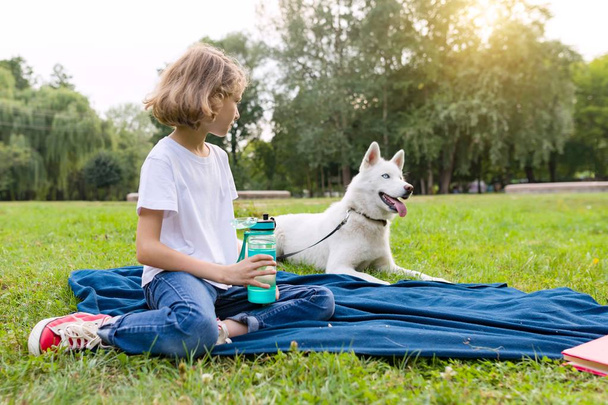 Little girl with a dog in the park sits on the grass, plays, reads, resting - Фото, изображение
