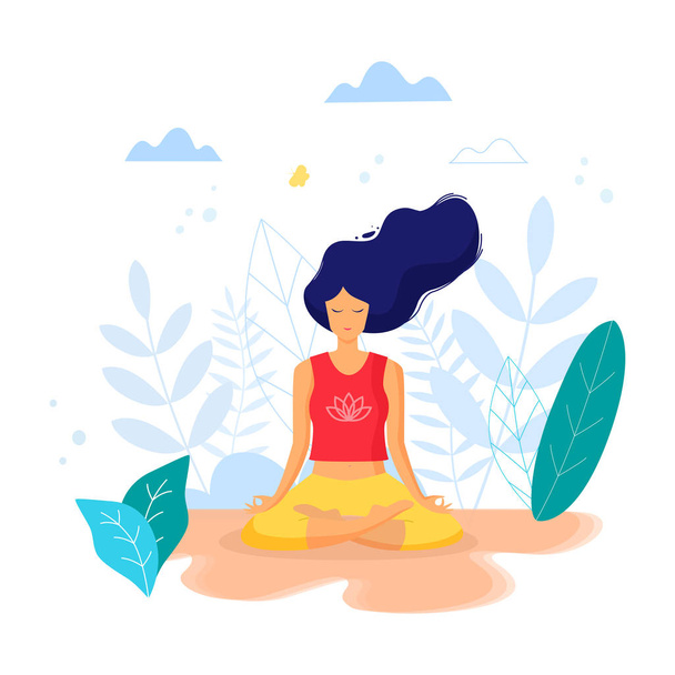 Frau sitzt in Lotusposition und praktiziert Meditation. Yoga-Mädchen - Vektor, Bild