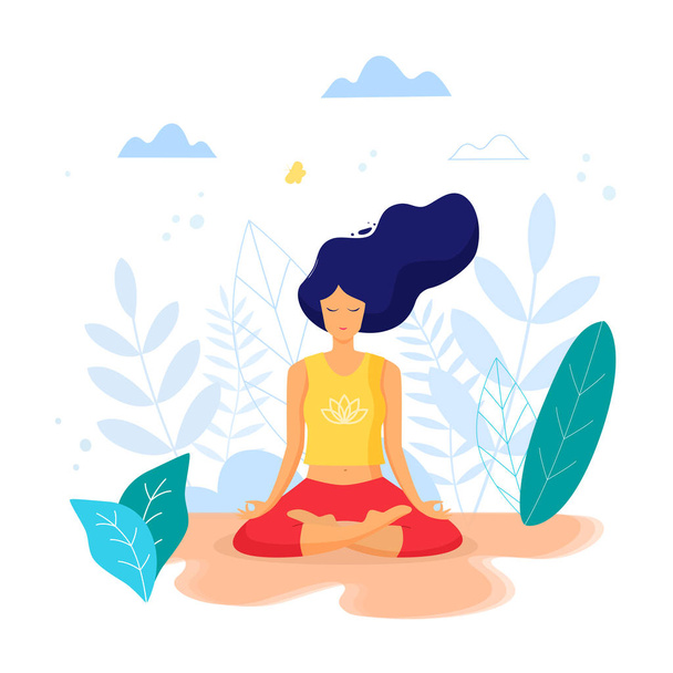 Woman sitting in lotus position practicing meditation. Yoga girl - Vector, Image