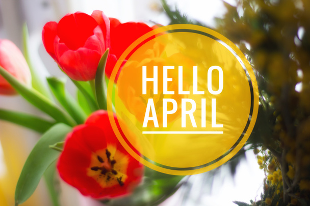 Banner hello április. Szia tavaszi. Szia április. Szeretettel várjuk az új tavaszi hónap kártya. A második hónap a tavasz. - Fotó, kép