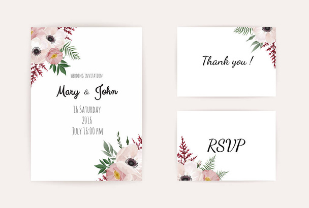 Diseño de la plantilla de tarjeta de invitación de boda botánica, flores blancas y rosas sobre fondo blanco. - Vector, Imagen
