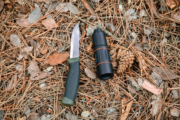 monocle et couteau de chasse au sol recouvert d'aiguilles de pin
 - Photo, image