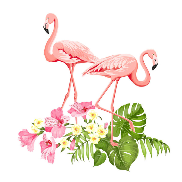 Trópusi madarak és virágok illusztráció. Nyári divat nyomtatás a csomagolás, szövet, meghívó és a sablon design. - Vektor, kép