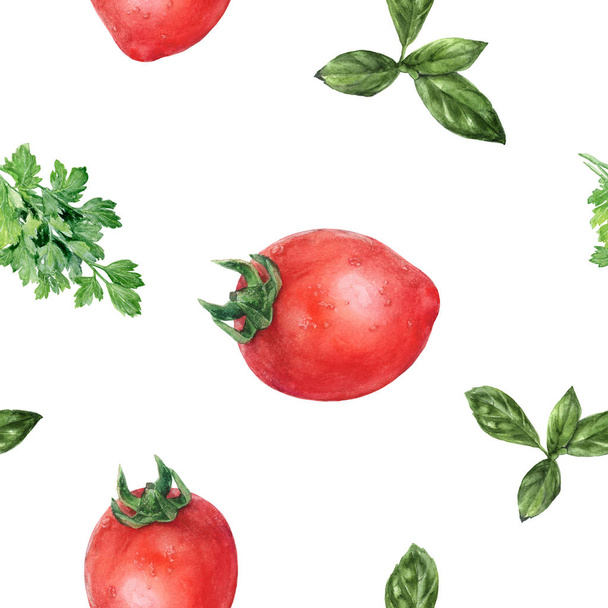 Aquarell handgezeichnet Petersilie Tomate Basilikum isoliert nahtlose Muster. - Foto, Bild