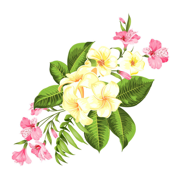 Όμορφη κάρτα με ένα στεφάνι από τροπικά λουλούδια. Τροπικό λουλούδι Γκάρλαντ. Άνθος λουλουδιών για προσκλητήριο σε λευκό φόντο. - Διάνυσμα, εικόνα