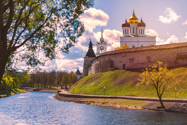 Pskov church and kremlin with blue cloudy sky - Photo, Image