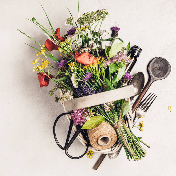 Healthy eating and herbal medicine concept, flat lay, top view - Foto, afbeelding