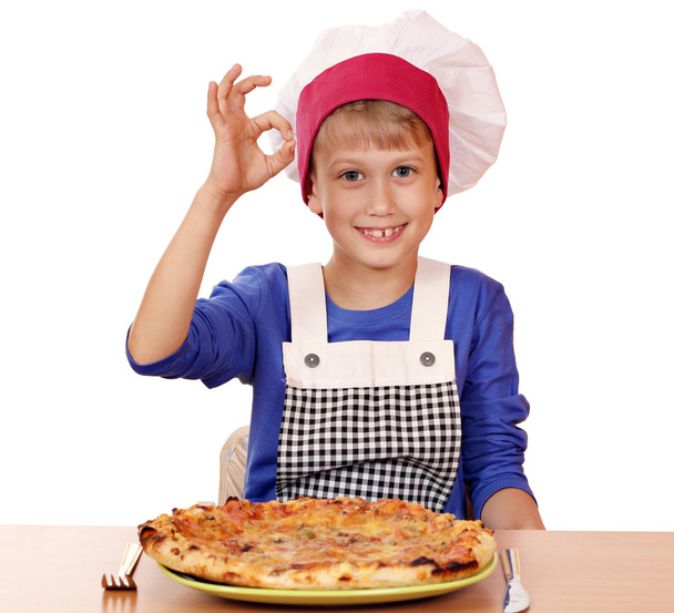 Çocuk Şef pizza ve ok el işareti ile - Fotoğraf, Görsel