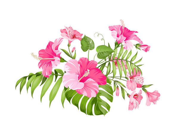 Trooppinen kukka Garland kortin suunnitteluun. Label plumeria kukkia. Kutsu kortti malli väri kukkia alstroemeria
. - Vektori, kuva