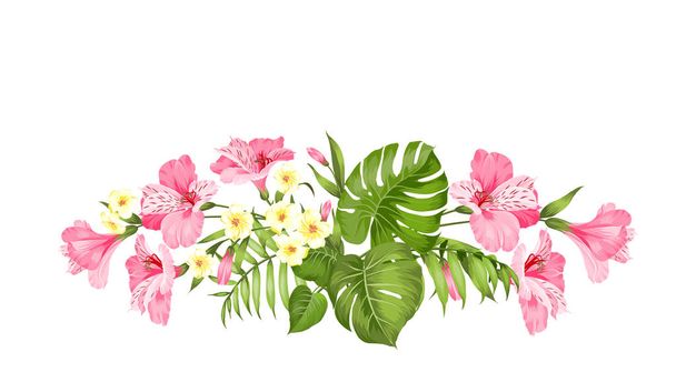 Τροπικό λουλούδι Γκάρλαντ για το σχέδιό σας κάρτα. Ετικέτα με λουλούδια της Πλουμέρια. Πρόσκληση κάρτα πρότυπο με άνθη χρώματος Αλστρομέριες. - Διάνυσμα, εικόνα