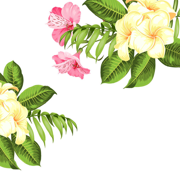 Τροπικό φυτό Ιβίσκος λουλούδι. Τοποθετήστε το καλοκαίρι διακοπές προσκλητήριο με floral γιρλάντα με κείμενο. Τροπικό plumeria γιρλάντα. Άνθος λουλουδιών για προσκλητήριο. - Διάνυσμα, εικόνα