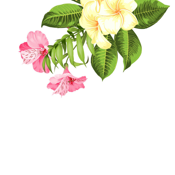 Одиночний тропічний квітковий букет у верхньому куті зображення на білому тлі. Квітучі квіти для запрошення
. - Вектор, зображення