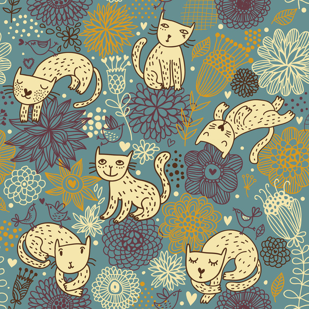 Cats in flowers. Nice seamless pattern - Vector, Imagen