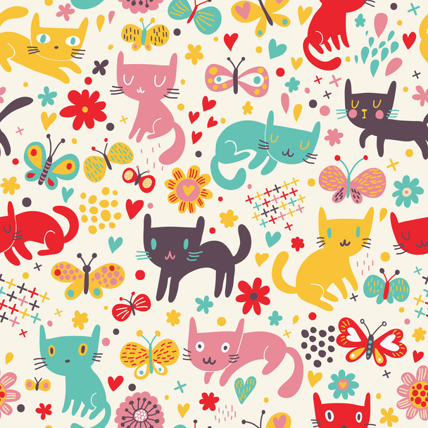 Funny cats. Cartoon seamless pattern for children background. Colorful wallpaper with cats, butterflies and flowers - Vector, afbeelding