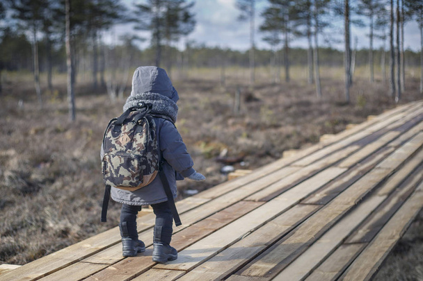 Niño pequeño ir de excursión con mochila en el bosque en un día frío
 - Foto, Imagen