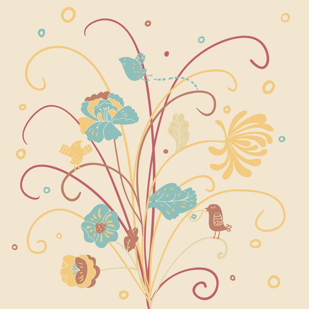 Floral background with cartoon birds. Seamless pattern - Vector, afbeelding