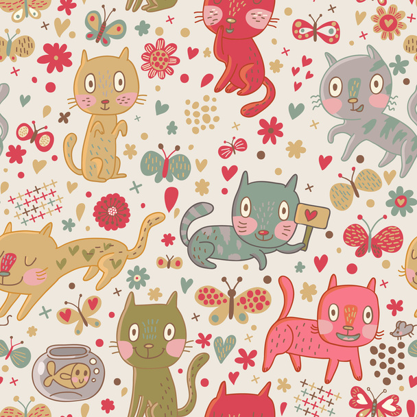 Funny cartoon seamless pattern. Cute cats and butterflies in flowers. Seamless pattern can be used for wallpaper, pattern fills, web page backgrounds, surface textures. - ベクター画像