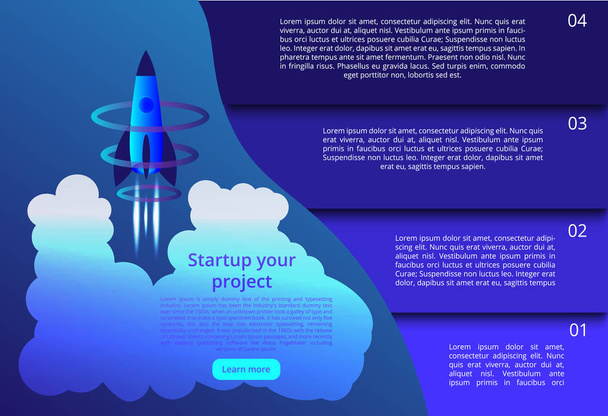 3D illustration of rocket with infographic elements and ultraviolet rays for Business Startup concept landing page design. New wireless internet wifi connection. Isometric vector concept. - Vector, Image