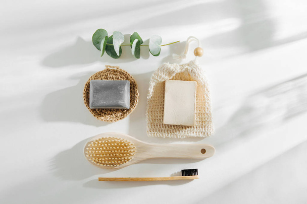 Set of Soap Eco Bag, bamboo toothbrush, natural brush Eco cosmetics products and tools. Zero waste, Plastic free. Sustainable lifestyle concept. - Fotografie, Obrázek