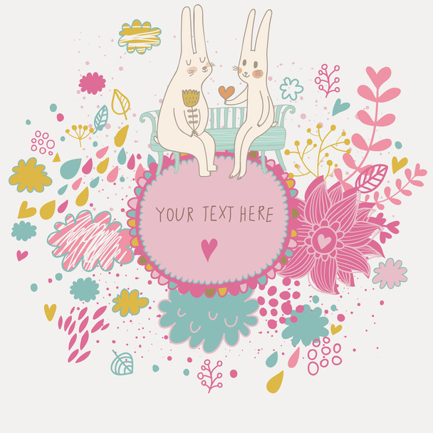 Cartoon romantic composition. Cute rabbit pair in flower - Vettoriali, immagini