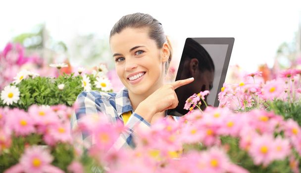 smiling woman in garden of flowers daisies touch screen of digit - Zdjęcie, obraz