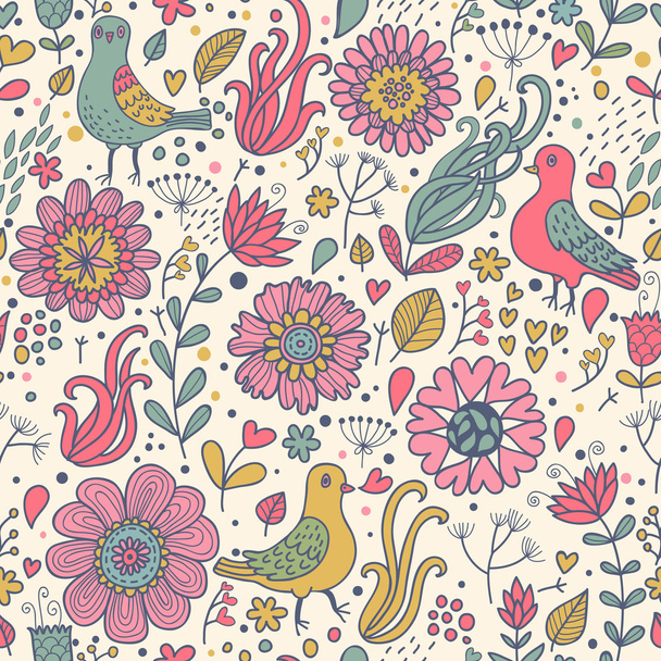 Pigeons in vintage flowers. Classical seamless pattern in vector - Vector, Image