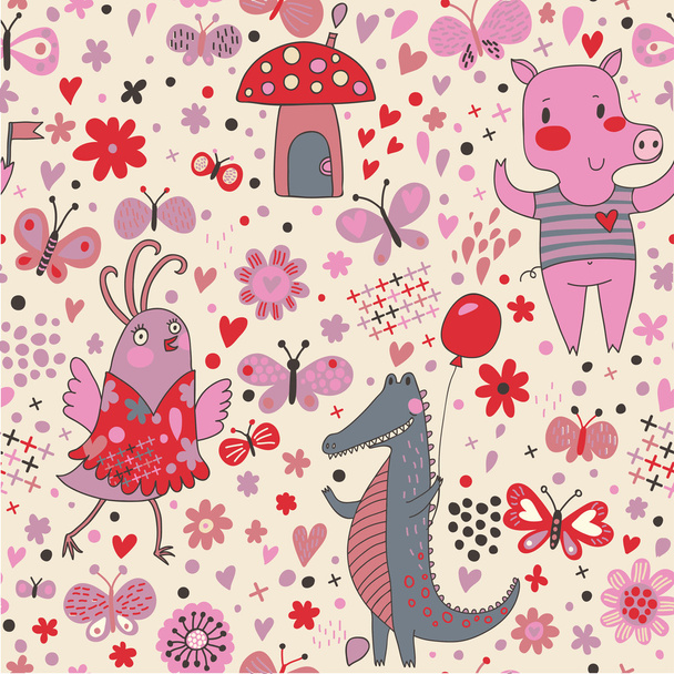 Funny cartoon animals in vector. Cute seamless pattern for children's wallpapers in pink colors - Вектор, зображення