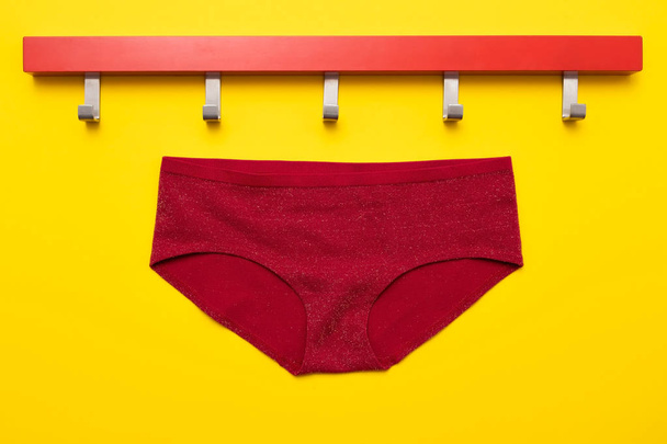 Woman pants on red hanger isolated on yellow background - Photo, Image