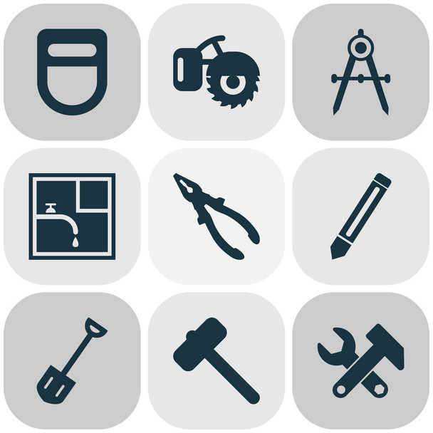Conjunto de iconos industriales con alicates, instrumentos, martillo para baldosas y otros elementos de mazo. Iconos industriales de ilustración vectorial aislada
. - Vector, imagen