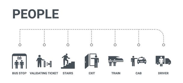 conjunto simple de 7 iconos como conductor, cabina, tren, salida, escaleras
,  - Vector, imagen