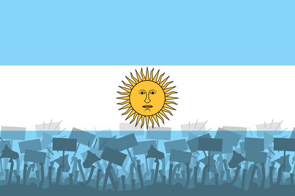 The silhouette of the protesting crowd against the background of the flag of Argentina. Protests in Argentina - Vector, Image