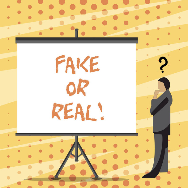 Szöveg jel mutatja a hamis vagy valódi. Fogalmi fénykép ellenőrzése, ha a termék eredeti, vagy nem a minőségi ellenőrzése. - Fotó, kép