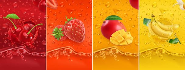 Ζουμερά και φρέσκα φρούτα. Κεράσι, φράουλα, μάνγκο, μπανάνες. Δρόσου σταγόνες και splash. ρεαλιστική 3D διάνυσμα σύνολο. Υψηλής ποιότητας 50mb eps - Διάνυσμα, εικόνα
