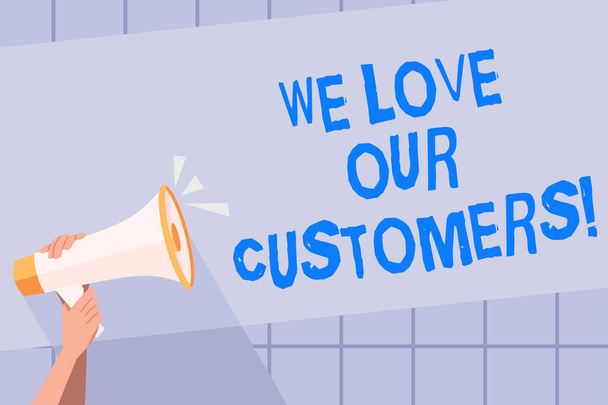 Wir lieben unsere Kunden. Konzept bedeutet, dass der Kunde guten Service Zufriedenheit Respekt verdient. - Foto, Bild