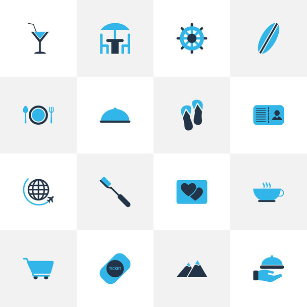 Icone di viaggio colorate con foto, cocktail, caffè e altri elementi del carrello della spesa. Isolate icone di viaggio illustrazione
. - Foto, immagini