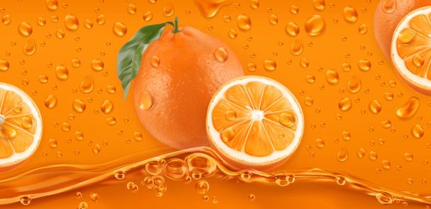 Orangene Tropfen. frisches Obst Hintergrund. 3D realistischer Vektor - Vektor, Bild