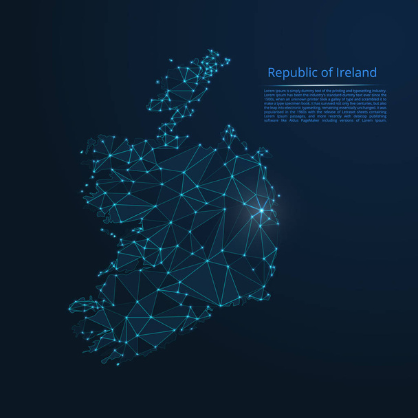 アイルランド共和国通信ネットワーク マップ。都市またはポイントと星の形の図形で構成される人口密度の形でライトと地球地図のベクトル低ポリ画像. - ベクター画像
