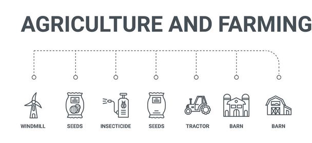 jednoduchá sada 7 řádek ikon, jako jsou stodoly, stáje, traktor, semena, jsem - Vektor, obrázek