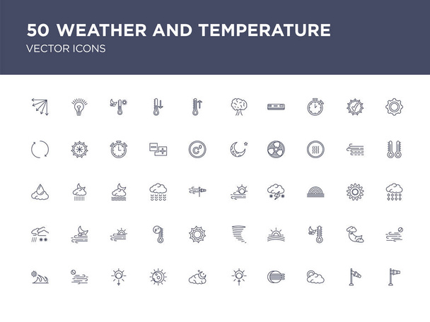 Időjárás- és hőmérséklet-vektor 50 készlet ikonok, például a wind, győzelem - Vektor, kép