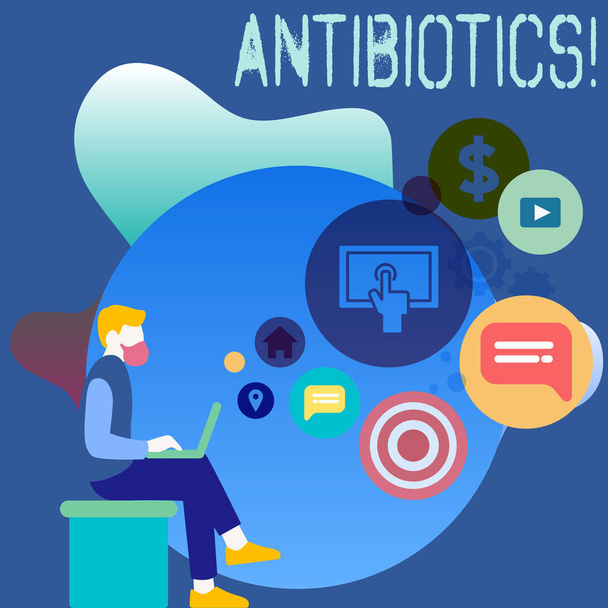 Fogalmi kézi írás, antibiotikumok mutatja. Üzleti fénykép bemutató antibakteriális gyógyszer fertőtlenítőszer aszeptikus sterilizáló egészségügyi. - Fotó, kép