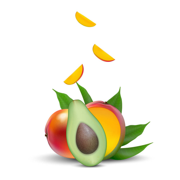  3D promosyon afiş, gerçekçi mango, avokado ile düşen dilim - Vektör, Görsel