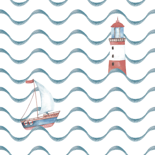 Aquarell Meer nahtlose Muster mit einem Segelboot und einem Leuchtturm. Das Schiff segelt auf dem Meer dem Abenteuer entgegen. Illustration auf weißem Hintergrund. Warten auf den Sommer. außer Farbe. - Foto, Bild