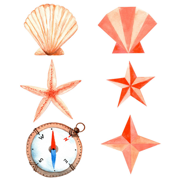 Ακουαρέλα θάλασσας σετ με τρία ζεύγη κλασικό και origami στοιχεία: μια πυξίδα, ένα κέλυφος και αστερίες. Απομονωμένη. Εικονογράφηση. - Φωτογραφία, εικόνα