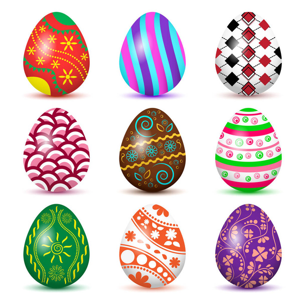 Colorful collection of Easter eggs with colored shadow, isolated on white background. Vector illustration - Вектор, зображення