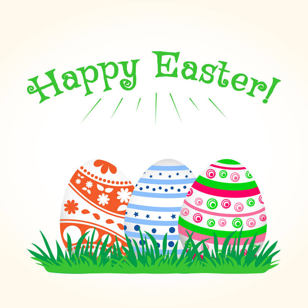 Festive card. Colorful Easter eggs on green grass. Vector illustration - Vector, afbeelding