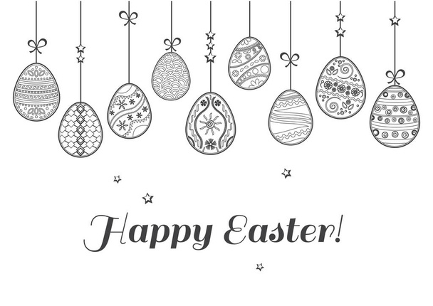 Easter eggs hanging. Celebratory card. Black outline design. Vector illustration - Vektör, Görsel