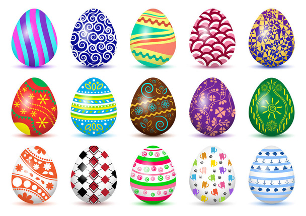 Colorful set of Easter eggs with colored shadow, isolated on white background. Vector illustration - Vector, afbeelding