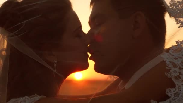 Young married couple kissing and hugging at sunset. close-up. silhouette of a couple in love in the rays of sunset. Married life of man and woman. happy family concept. - Footage, Video