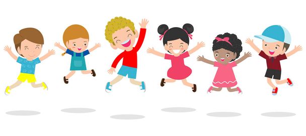 прыжки детей, мульти-этнические дети прыжки, ребенок прыжки с радостью, счастливый прыжки детей, счастливый мультяшный ребенок игры, Дети играют на белом фоне, векторные иллюстрации
 - Вектор,изображение