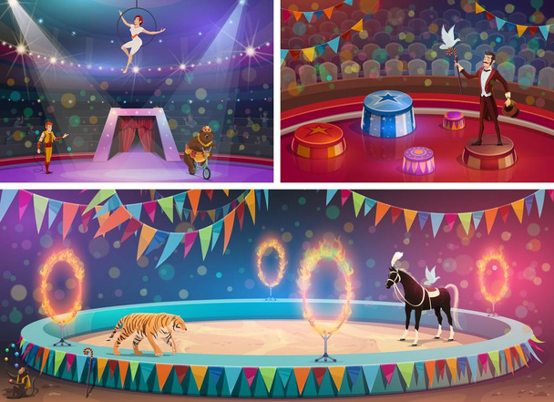 Chapiteau circus show, artiesten en dieren - Vector, afbeelding